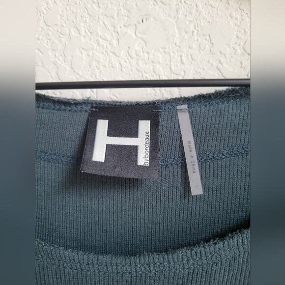 Knot Front Stretchy Long Sleeve Top Size Large Fine Ribbed Turquoise - Picture 6 of 6